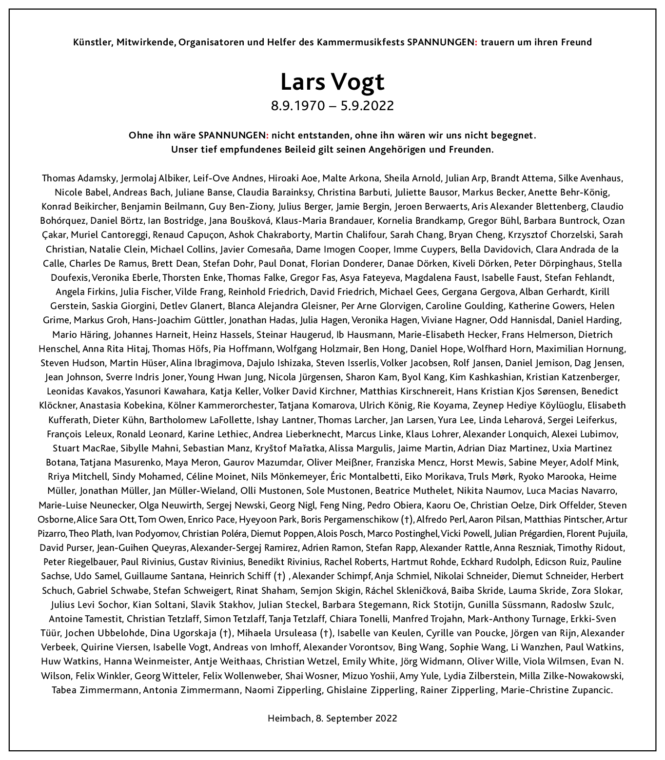 Traueranzeige der Mitwirkenden und der Mitarbeitenden